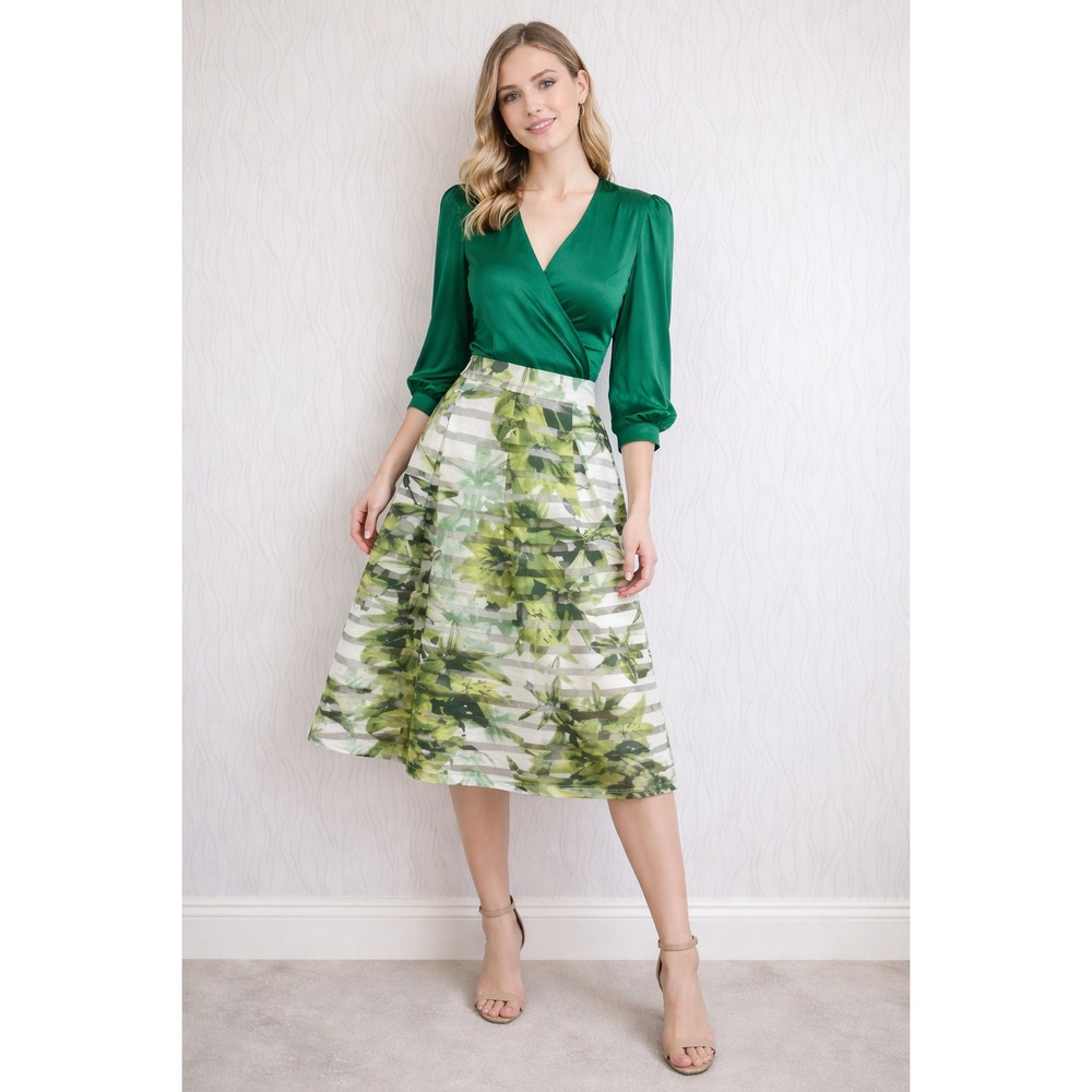 INC Green Floral A-Line Skirt Size 2 High Waist Sheer Stripe Below‎ Knee